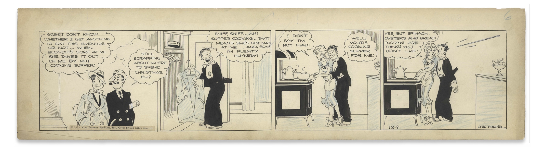 Chic Young Hand-Drawn ''Blondie'' Comic Strip From 1933 Titled ''You're an Old Meany!''